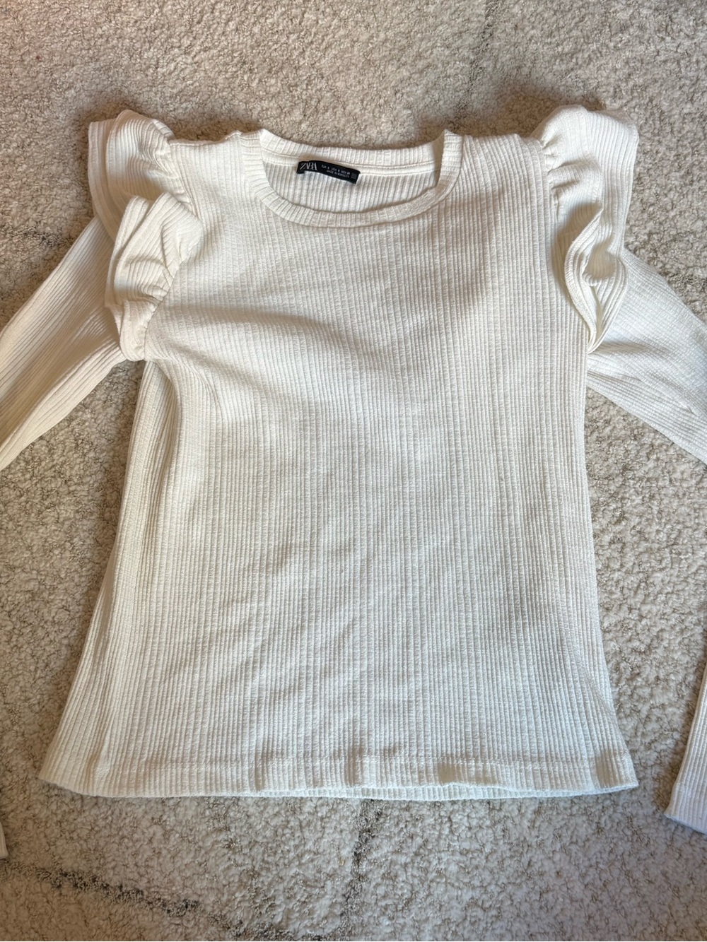 Zara Cream Ribbed Long-Sleeve Top with Ruffle Shoulders